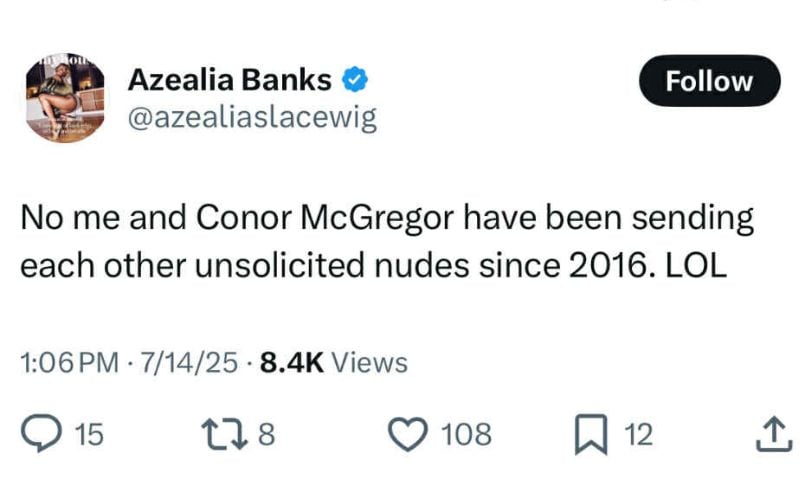 Azealia Banks' post on X from Monday, July 14. Azealia Banks' post on X from Monday, July 14.