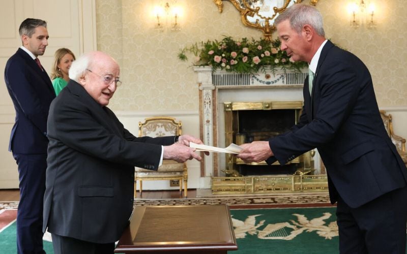 July 1, 2025: US Ambassador to Ireland Edward Walsh presents his credentials to President of Ireland Michael D Higgins. July 1, 2025: US Ambassador to Ireland Edward Walsh presents his credentials to President of Ireland Michael D Higgins.