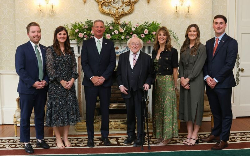 July 1, 2025: US Ambassador to Ireland Edward Walsh with his family and President of Ireland Michael D Higgins. July 1, 2025: US Ambassador to Ireland Edward Walsh with his family and President of Ireland Michael D Higgins.