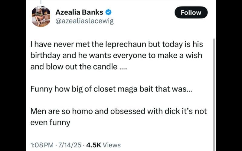 Azealia Banks' post on X from Monday, July 14. Azealia Banks' post on X from Monday, July 14.