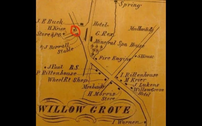 Circa 1857. By Shupe & Kuhn. The red circle is the approximate location of the Carolans’ first home, likely a vacant former schoolhouse constructed of logs. (Courtesy: Upper Moreland Historical Association) Circa 1857. By Shupe & Kuhn. The red circle is the approximate location of the Carolans’ first home, likely a vacant former schoolhouse constructed of logs. (Courtesy: Upper Moreland Historical Association)