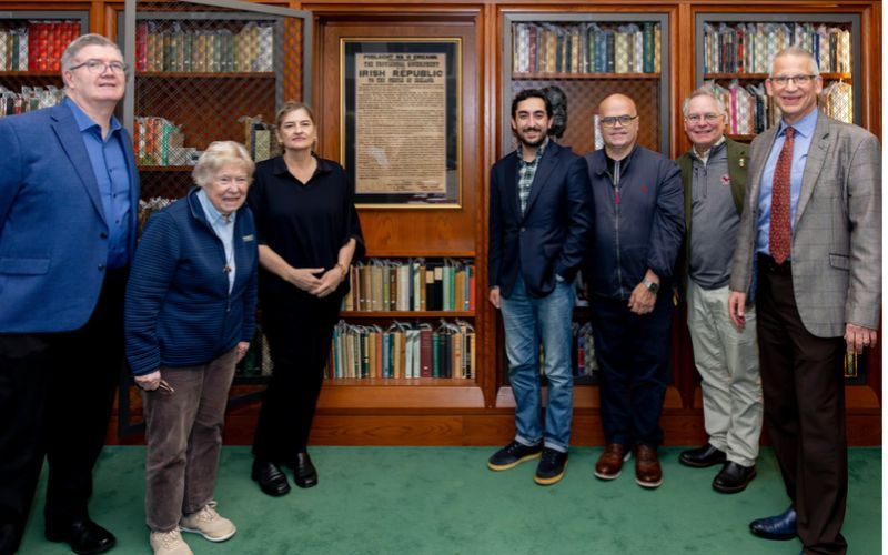 Among attendees at the event were, from left: BC Professor of English and Irish Studies James Smith; Catherine B. Shannon, former president of the Charitable Irish Society and Éire Society of Boston; Burns Visiting Scholar in Irish Studies Senia Pašeta; Seamus Ruiz-Earle '20, Carabiner Group founder and managing director, SBI, The Growth Advisory; Irish historian Erskine Childers IV; University Librarian Tom Wall; and Burns Librarian and Associate University Librarian for Scholarly Resources Christian Dupont. (Matthew Healey) Among attendees at the event were, from left: BC Professor of English and Irish Studies James Smith; Catherine B. Shannon, former president of the Charitable Irish Society and Éire Society of Boston; Burns Visiting Scholar in Irish Studies Senia Pašeta; Seamus Ruiz-Earle '20, Carabiner Group founder and managing director, SBI, The Growth Advisory; Irish historian Erskine Childers IV; University Librarian Tom Wall; and Burns Librarian and Associate University Librarian for Scholarly Resources Christian Dupont. (Matthew Healey)