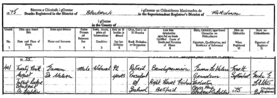 Death certificate of Eamon de Valera.