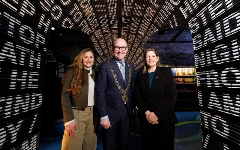 Aoife Carry, Lord Mayor of Dublin Ray McAdam, and Caroline Bocquel at the launch of the 2026 St. Patrick's Festival programme at EPIC in Dublin.