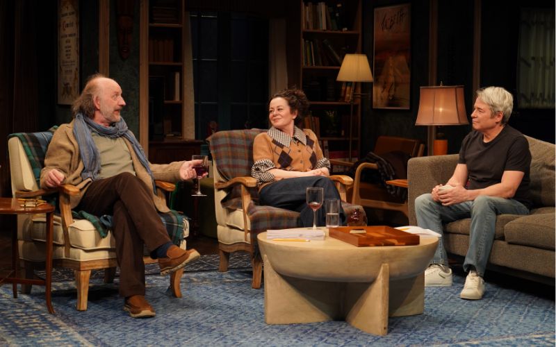 Max Baker, Geraldine Hughes, and Matthew Broderick in Irish Rep's 2026 Production of "Ulster American." (Carol Rosegg)
