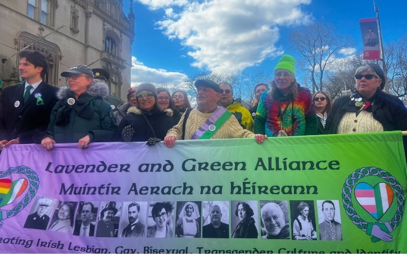 Lavender and Green Alliance marching in the 2026 NYC St. Patrick's Day Parade. (Razid Season)