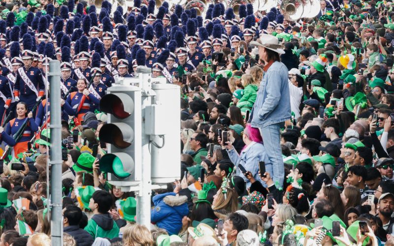 March 17, 2026: Spectators watch the Marching Illini marching band on O'Connell Street in Dublin during the St. Patrick's Day parade. (RollingNews.ie)