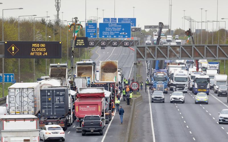 April 10, 2026: Traffic at a complete standstill on the M50 motorway at Junction 2. (RollingNews.ie)