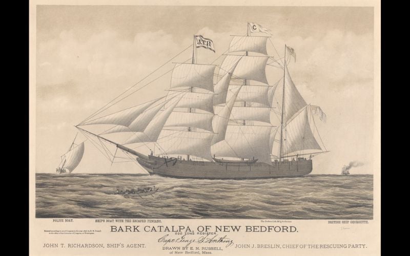 Escaped convicts are rowed towards the whaler Catalpa of New Bedford, with police boat and British ship Georgette in pursuit. (PAH0582) 1876. Reworked version of historic lithograph found at https://collections.rmg.co.uk/collections/objects/140529.html Copy in National Maritime Museum, Greenwich, London. E. N. Russell (original lithograph).