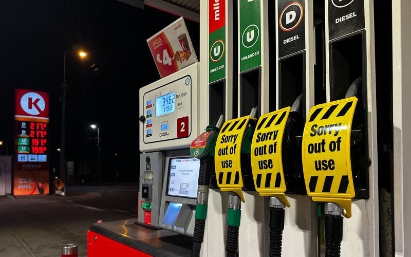 April 10, 2026: Empty fuel pumps in a service station forecourt outside Whitegate, Co Cork. (RollingNews.ie)