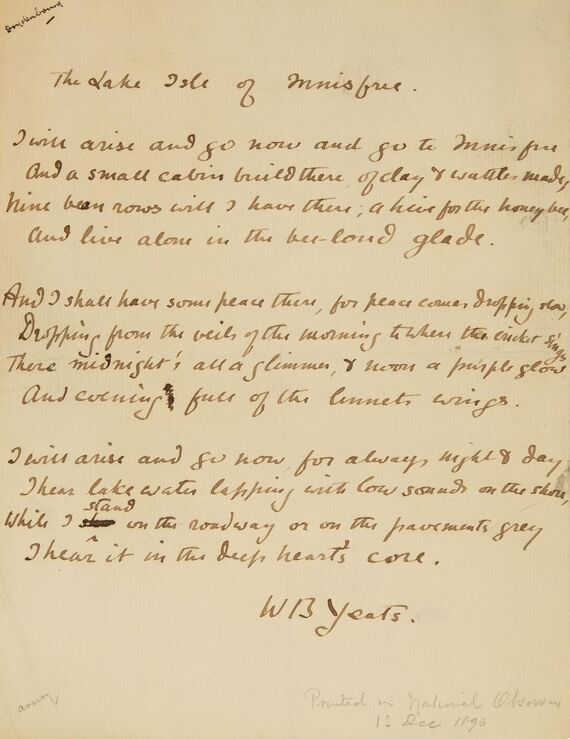 “The Lake Isle of Innisfree.” Manuscript. W.B. Yeats. 1890. First published in The National Observer newspaper in 1890. Courtesy of the Risings co-curators, Alan Klein and Alexander Neubauer.