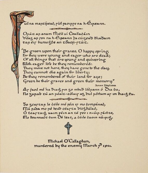 Detail of Requiescat. Dublin: Cuala Press, 1921. Memorial card for Michael O’Callaghan, Republican mayor of Limerick. Courtesy of the Risings co-curators, Alan Klein and Alexander Neubauer.