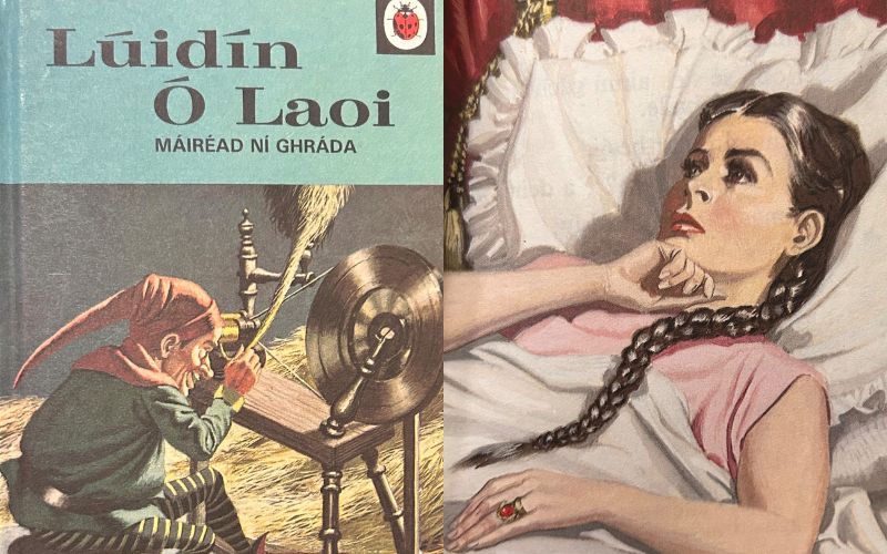 Cover and scene from Ní Ghráda’s Irish adaptation of Rumpelstiltskin. (AIHS)