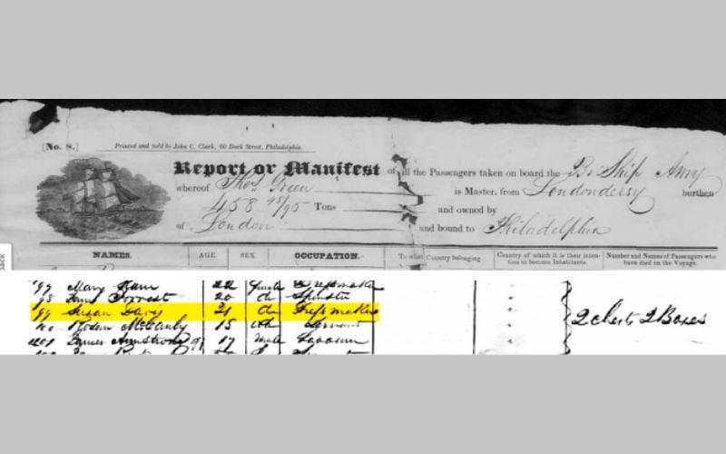 Taylor Swift’s Irish great x3 grandmother, Susan Davis, is listed as a dressmaker aged 21 on the 1836 manifest of the transatlantic packet ship Amy, sailing from Londonderry to Philadelphia. Taylor Swift’s Irish great x3 grandmother, Susan Davis, is listed as a dressmaker aged 21 on the 1836 manifest of the transatlantic packet ship Amy, sailing from Londonderry to Philadelphia.