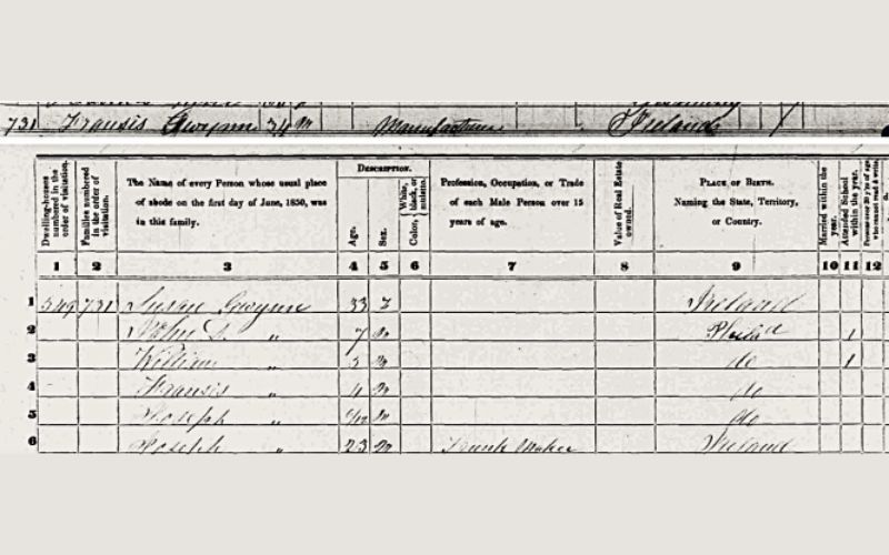 The 1850 U.S. Census for Middle Ward, Philadelphia, reveals Francis and Susan in their early thirties, already entrepreneurs, living with four young boys and Francis’ younger brother, an Irish Famine emigrant. The 1850 U.S. Census for Middle Ward, Philadelphia, reveals Francis and Susan in their early thirties, already entrepreneurs, living with four young boys and Francis’ younger brother, an Irish Famine emigrant.