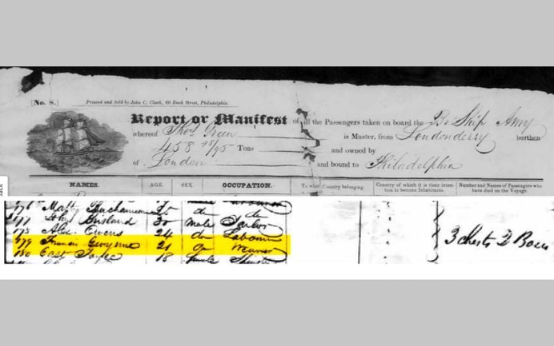 The Amy‘s 1836 manifest also records the passage of Taylor’s Irish great x3 grandfather, 21-yearold weaver Francis Gwynn, on board with his friend group of Matty Buchanan (labourer, 25), John Brisland (sailor, 30) and Alex Owens (labourer, 24), sharing 3 chests and 2 boxes between them in the hold The Amy‘s 1836 manifest also records the passage of Taylor’s Irish great x3 grandfather, 21-yearold weaver Francis Gwynn, on board with his friend group of Matty Buchanan (labourer, 25), John Brisland (sailor, 30) and Alex Owens (labourer, 24), sharing 3 chests and 2 boxes between them in the hold