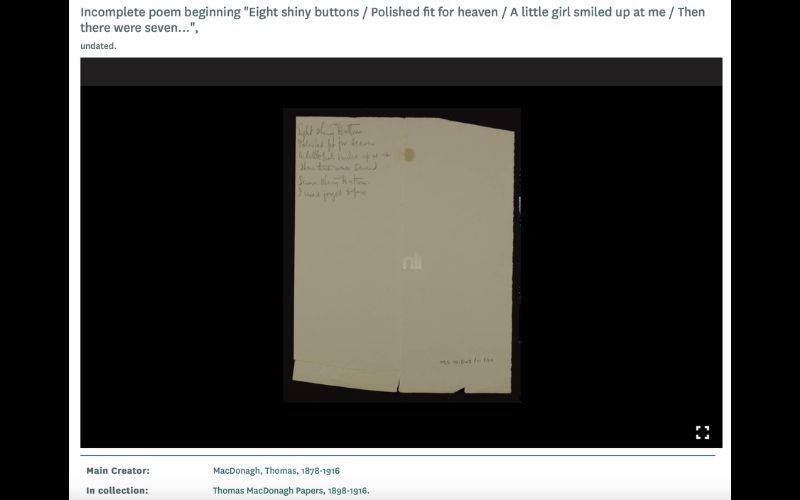 Incomplete poem beginning "Eight shiny buttons"... (National Library Ireland)