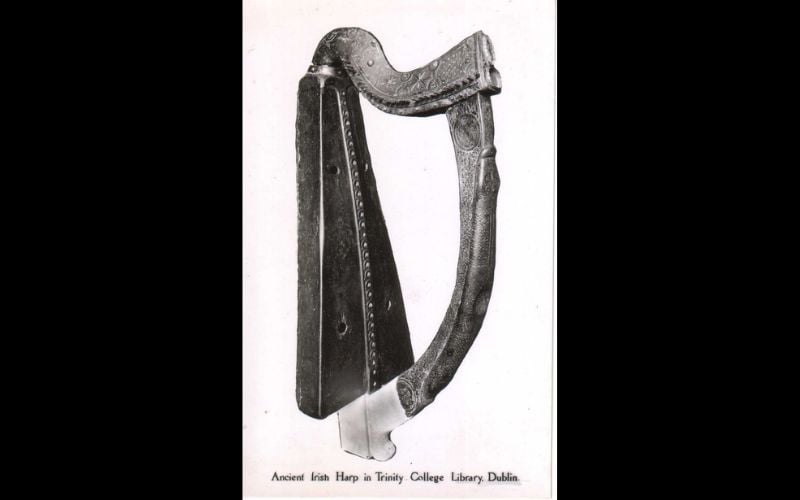 20th ct. Postcard of Trinity College Dublin’s famed Irish harp, via Simon Chadwick