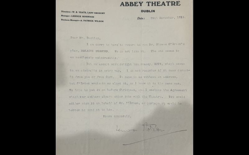 Abbey Theatre to Seamus O’Brien, 25 November 1913, Box 1, Folder 2, AIHS Archives, NY, NY.