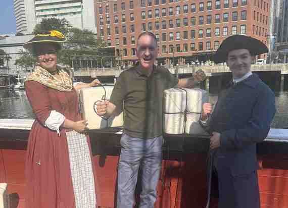 Cormac Ó hEadhra with Boston Tea Party reenactors.