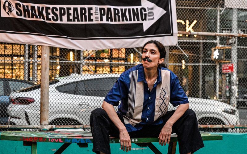 Lia Bonfilio as Rosalind ,waiting outside of Shake Shack for her tardy Orlando in The Drilling Company's FREE Shakespeare in the Parking Lot's "As You Like It." (Lee Wexler)
