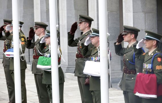 Members of the Irish Defences Forces (Army) salute at the official opening ceremony of the Irish Presidency of the Council of the European Union 2026.