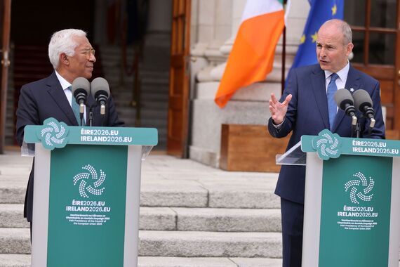 Taoiseach and Fianna Fail leader Micheal Martin and the President of the European Council, António Costa, speaking at Government Buildings Dublin.