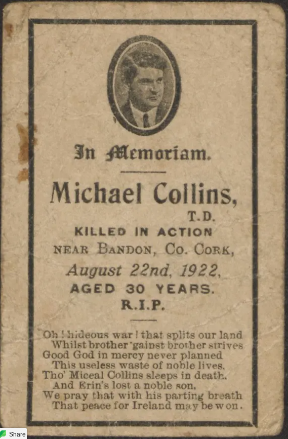 The front cover of Michael Collins' funeral Mass card.