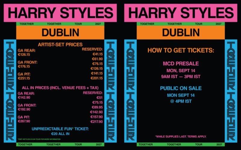 Harry Styles shared this information about tickets for his 2027 Dublin shows.