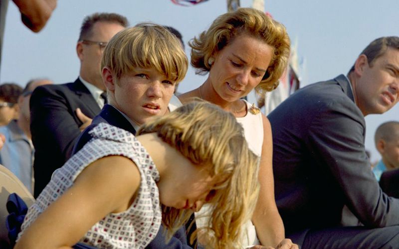 Ethel with children David and Mary as Robert F. Kennedy delivers a campaign speech at Bolsa Grande High School in California in 1968. Photo: JFK Presidential Library and Museum