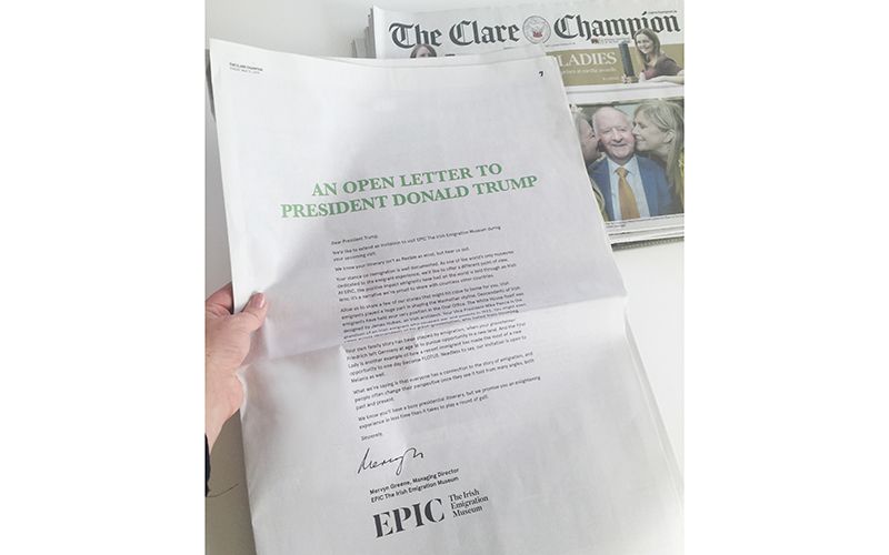 The open letter to President Donald Trump will appear in the Clare Champion Newspaper, the local paper of Doonbeg.