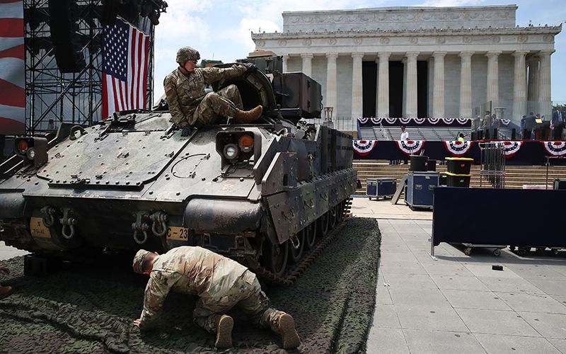 The armed forces prepare for Donald Trump's 2019 July 4th celebrations, to include tanks and jetfighters.