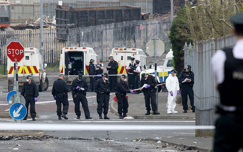 Police investigating the crime scene following the shooting of Lyra McKee in April 2019.