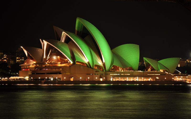 Sydney Opera House specially lit for St Patrick's Day in 2010. Photo: Mike Young, Wikimedia Commons.