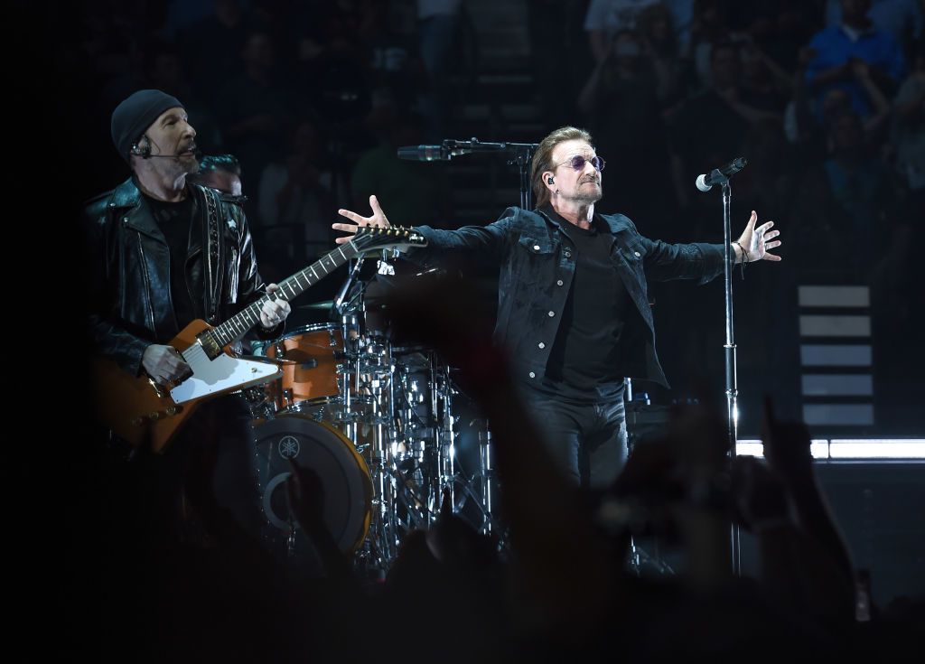 The Edge and Bono of the rock band U2 perform at Bridgestone Arena on May 26, 2018 in Nashville, Tennessee. Image: Getty