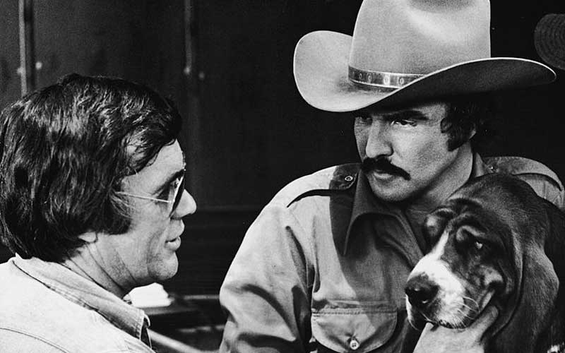 Hal Needham and Burt Reynolds on the set of the movie 'Smokey and the Bandit,' in 1977.