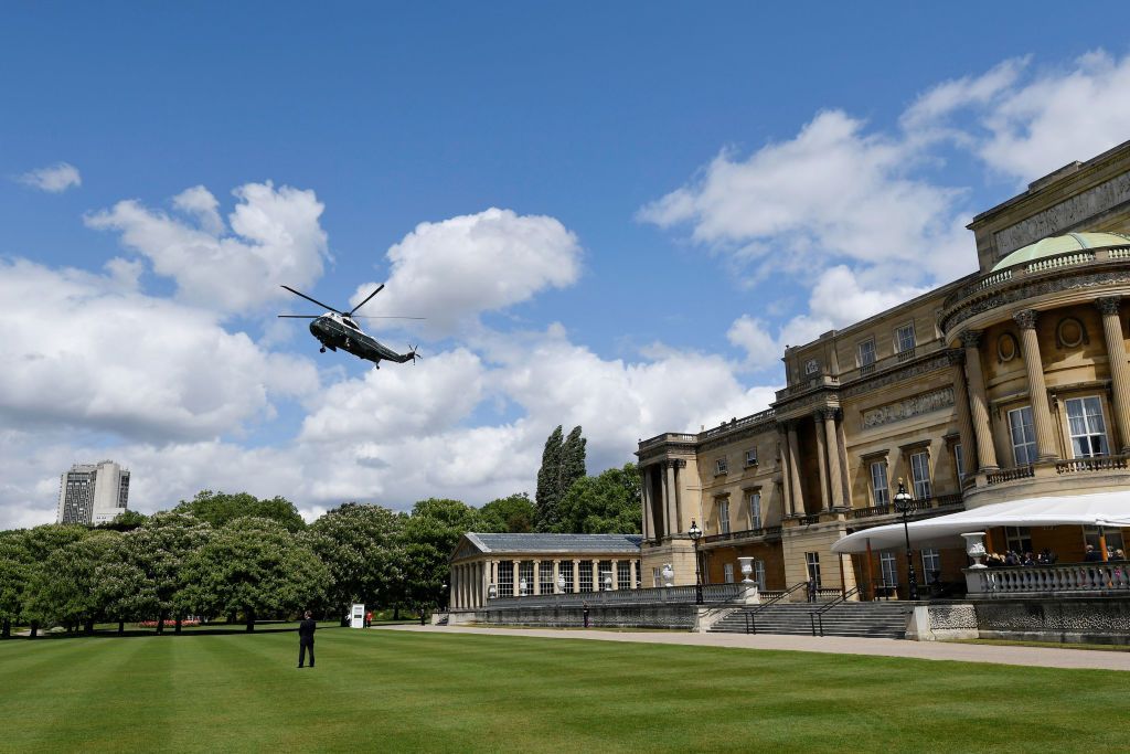 U.S. President Donald Trump and First Lady Melania Trump arrive at Buckingham Palace on Marine One on June 3, 2019, in London, England. (Photo by Toby Melville - WPA Pool/Getty Images)