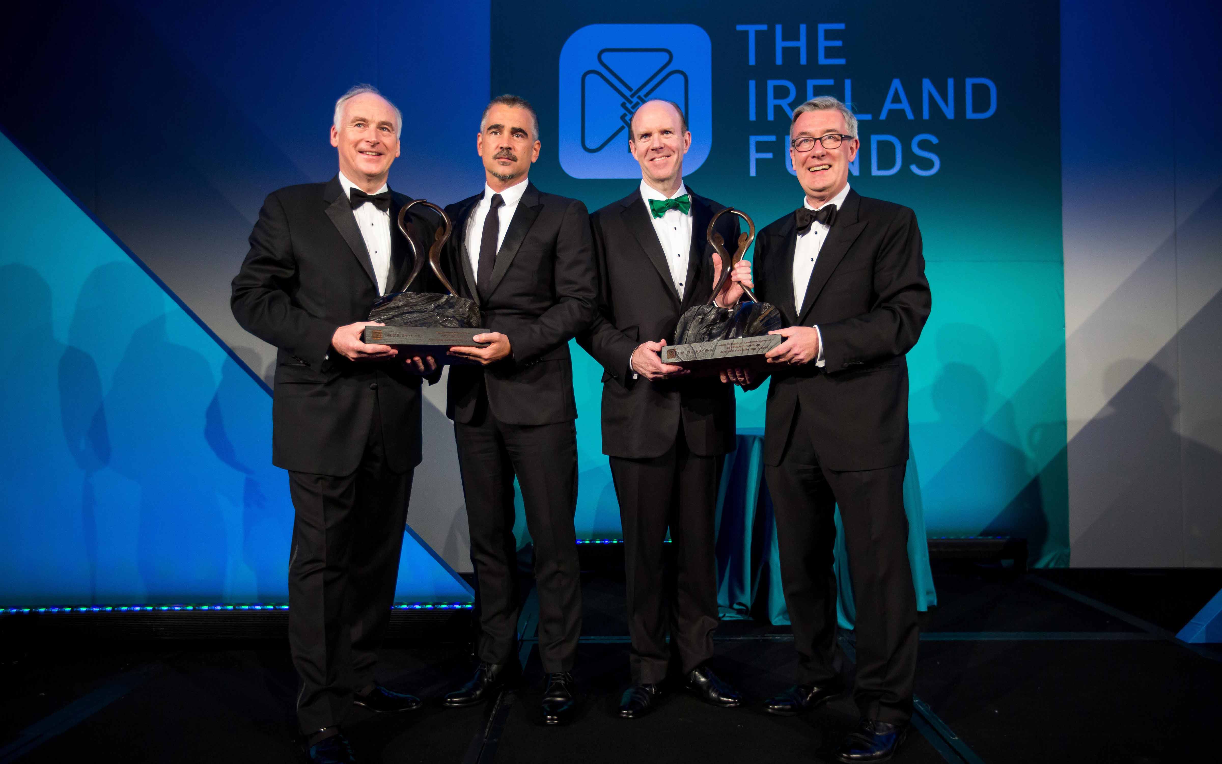 Honorees Colin Farrell and Stephen Howe are welcomed to The Ireland Funds 43rd Annual New York Gala on May 03, 2018 in New York City. Left to Right: John Fitzpatrick, Chairman of The Ireland Funds America; actor Colin Farrell; Stephen Howe, U.S. Chairman and Americas Managing Partner at EY; Kieran McLoughlin, Worldwide President & CEO of The Ireland Funds. Photograph by Michael Nagle