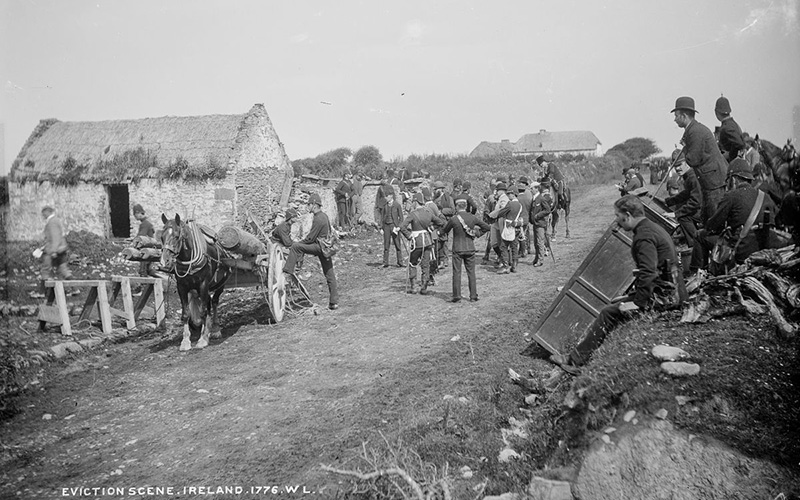 The scene before an eviction in County Clare. A disassembled battering ram is brought in on a horse cart. IMAGE: NATIONAL LIBRARY OF IRELAND