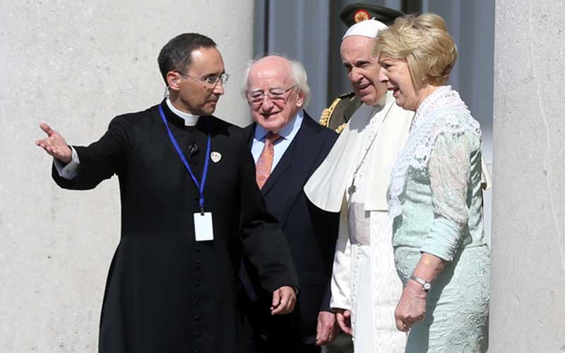 Pope Francis with President Michael D Higgins and Sabina Higgins at Aras Un Uachtarain, Credit: RollingNews.ie