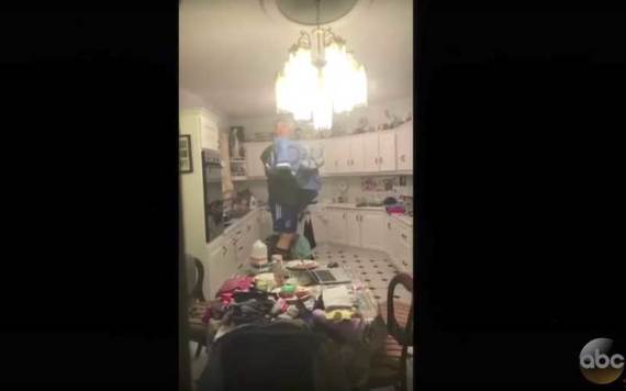 Screenshot of video showing Irish father trying to catch a bat in family's home. Credit: YouTube/Jimmy Kimmel Live