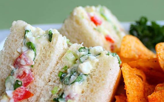 The finished product: Egg salad sandwiches Irish style served with potato chips.