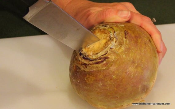 Slicing the rutabaga.