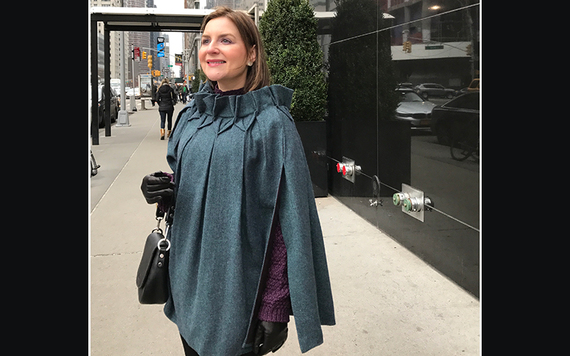 Cape: Bernie Murphy, sweater: Blarney Woollen Mills, gloves: Paula Rowan, earrings: Tracey Gilbert Designs, bag: Holden Leather Goods.