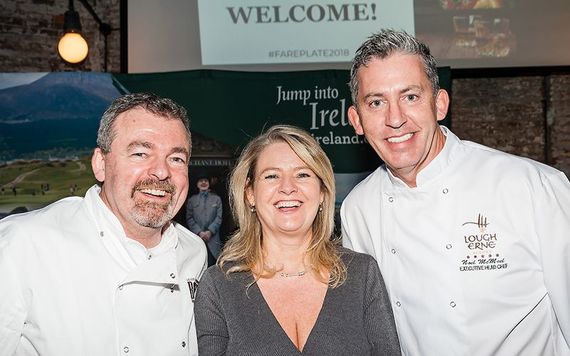 Chef Padraic Gallagher of Boxty House, Ruth Moran of Tourism Ireland and Chef Noel McMeel of Lough Erne Resort. Photo: Moya McAllister
