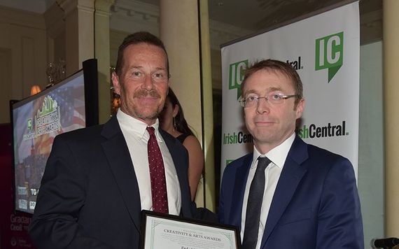 Jim Patterson accepting on behalf of honoree Breandán Mac Suibhne with Consul General Ciaran Madden.Breandán Mac Suibhne
