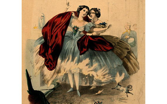 An illustration of crinoline dresses on fire, from 1860.
