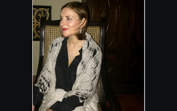 Shawl: Elaine Honey, shirt: Paul Costelloe, earrings, Nua Jewelry, pendant: Rionore Jewellery