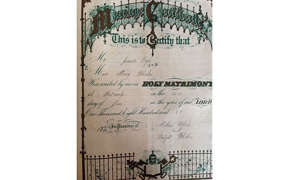 The marriage certificate of James Doyle and Mary Whalen found in a family bible. The two sponsors (Mathew and Bridget Whalen) were siblings of Mary.
