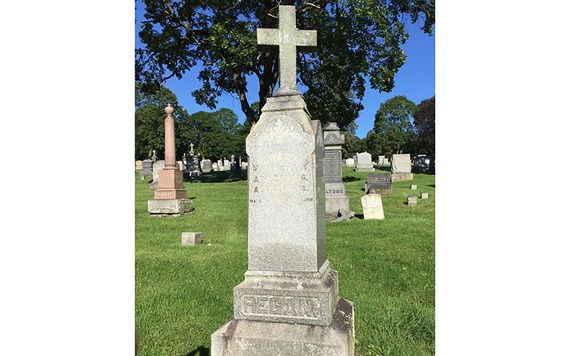 The only name on this gravestone is Kate's second great aunt Johanna Regan (1858-1886), but 18 souls are buried in this family cemetery plot.